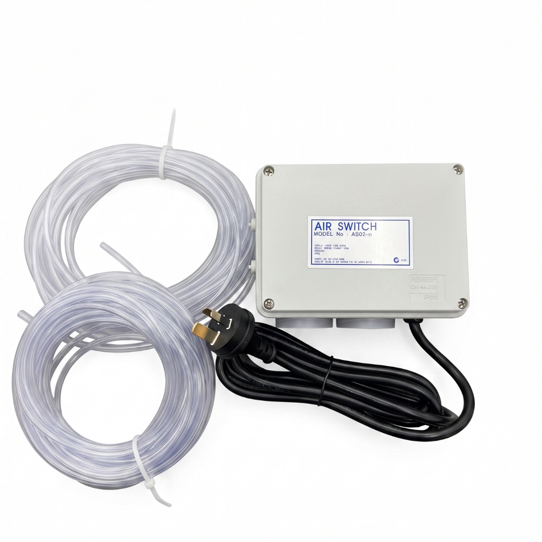 Space Age Electronics AS02-H heavy duty 15A pool air switch controller kit including the main control box, heavy-duty power cord, and a bundled roll of clear vinyl air tubing.
