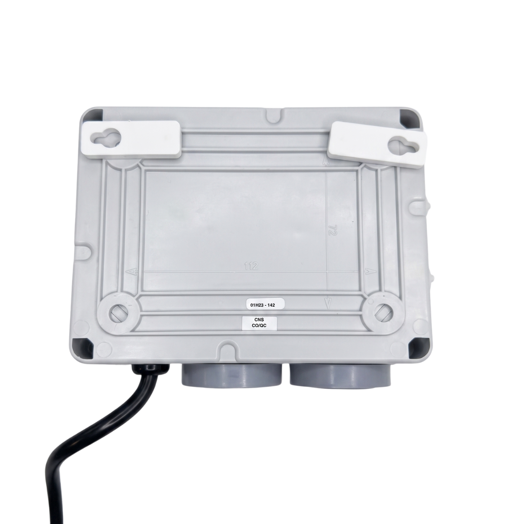 Rear view of Space Age Electronics AS02-H heavy duty 15A pool air switch controller showing wall mounting brackets and enclosure dimensions template.