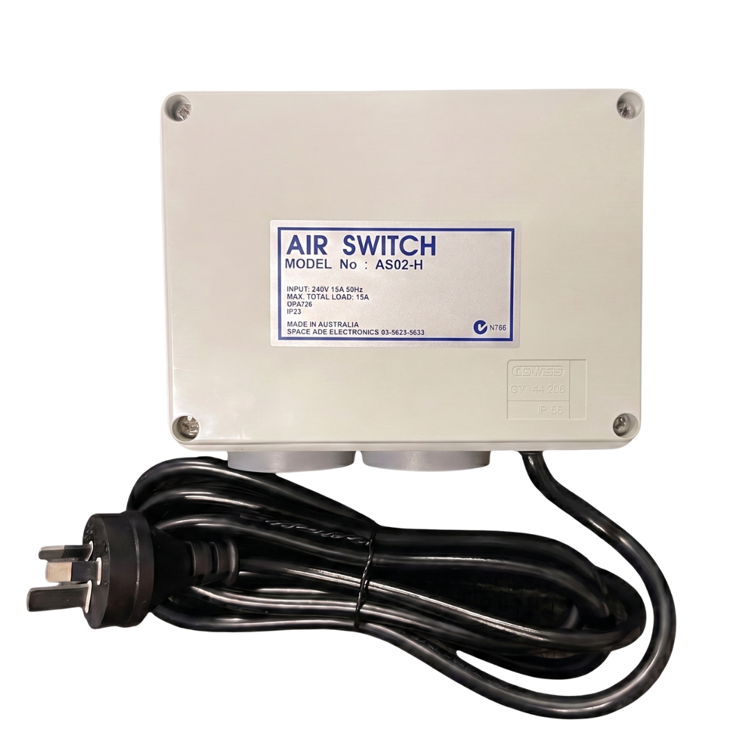 Front product view of the Space Age Electronics AS02-H heavy duty 15A pool air switch controller with attached Australian 3-pin power plug and cord.