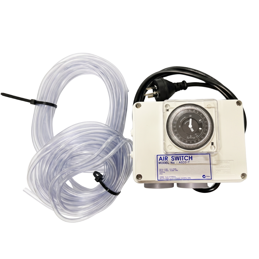 Space Age Electronics AS02-T 10A pool air switch controller kit, featuring the analog timer box, power cord, and an included roll of clear plastic air tubing.