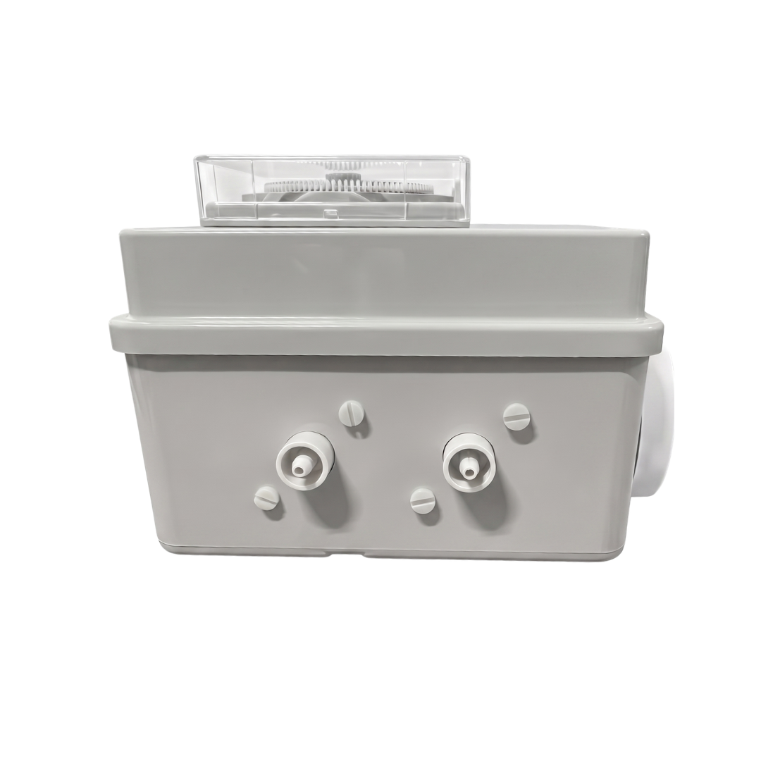 Side view of the Space Age Electronics AS02-T pool air switch box highlighting the dual pneumatic air tube nozzles on a white background.
