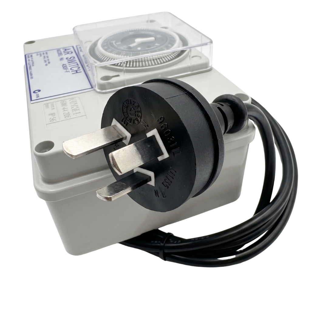 Australian standard 3-pin 10A power plug and cord close-up in front of a Space Age Electronics AS02-T pool air switch timer box.