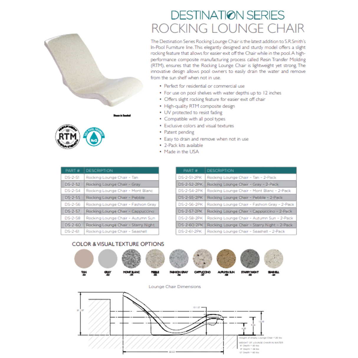 S.R. Smith Destination Series Rocking Lounge Chair technical specification sheet showing part numbers, color texture options, product features, and schematic dimensions.