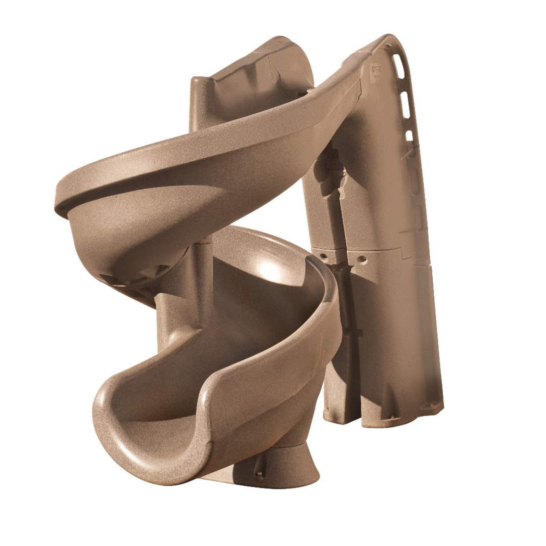 S.R.Smith Helix2 taupe rotomolded spiral swimming pool slide with a 360-degree water flume and integrated enclosed safety ladder for inground pools.