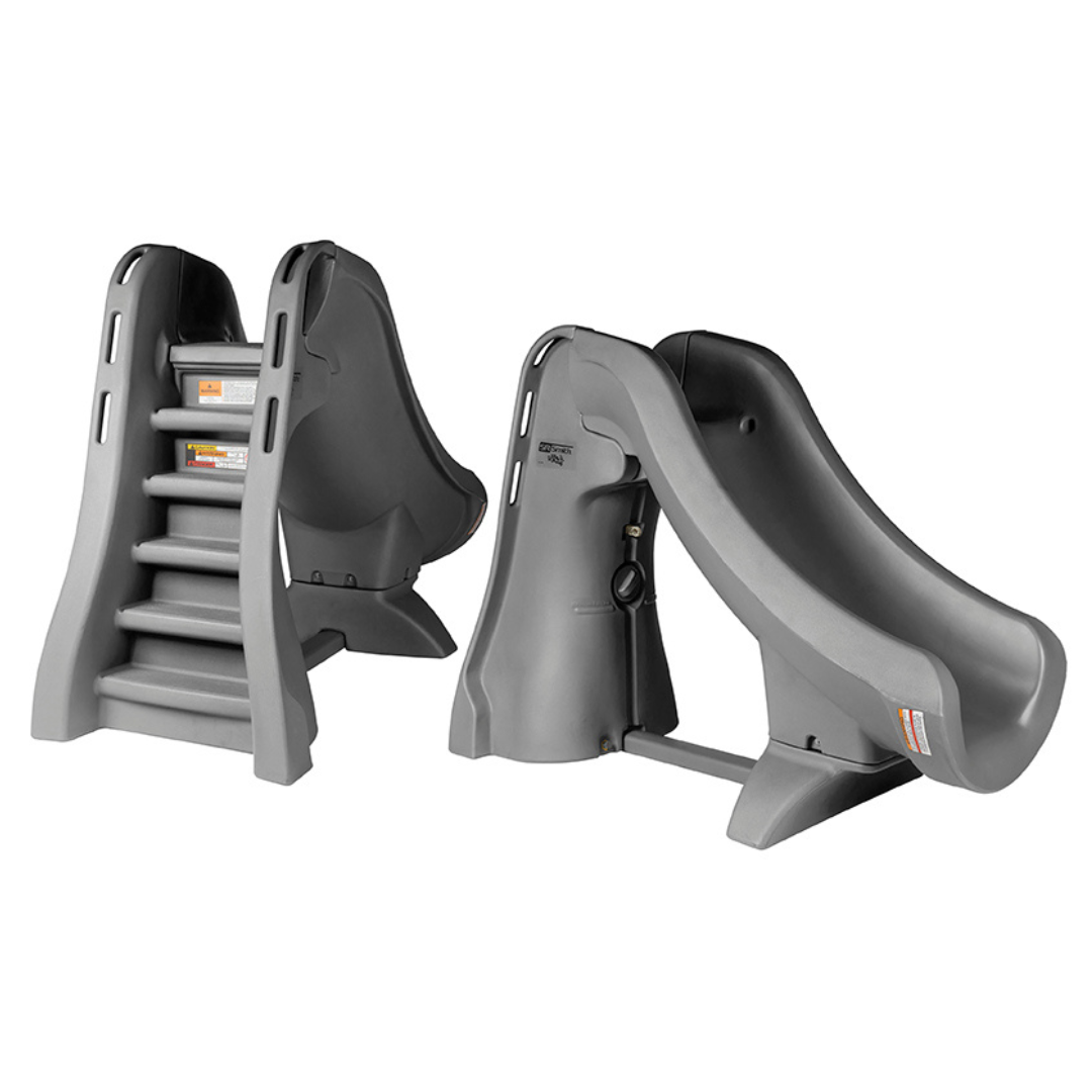 S.R.Smith SlideAway gray removable pool slide displayed from two angles showing the rear safety climbing ladder steps and the side profile flume structure