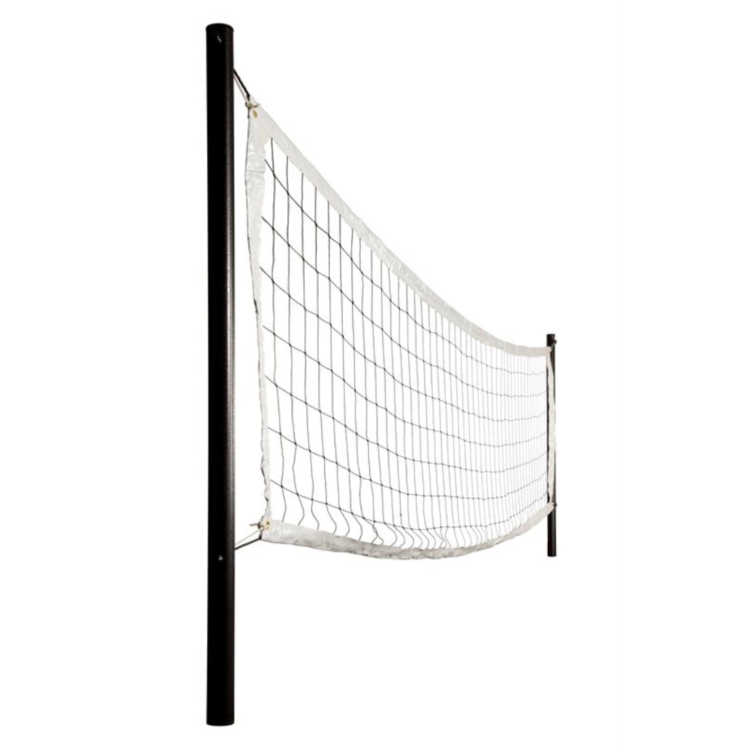 S.R. Smith Swim N' Spike in-ground swimming pool volleyball game featuring black vinyl-coated stainless steel upright posts and a competitive white net against a plain background.