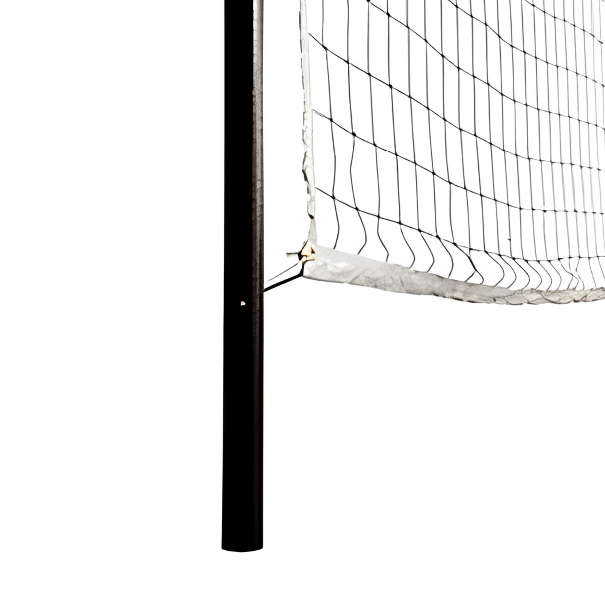 Detailed view of the bottom tension cord attachment for the S.R. Smith Swim N' Spike swimming pool volleyball net on a black vinyl-coated post.