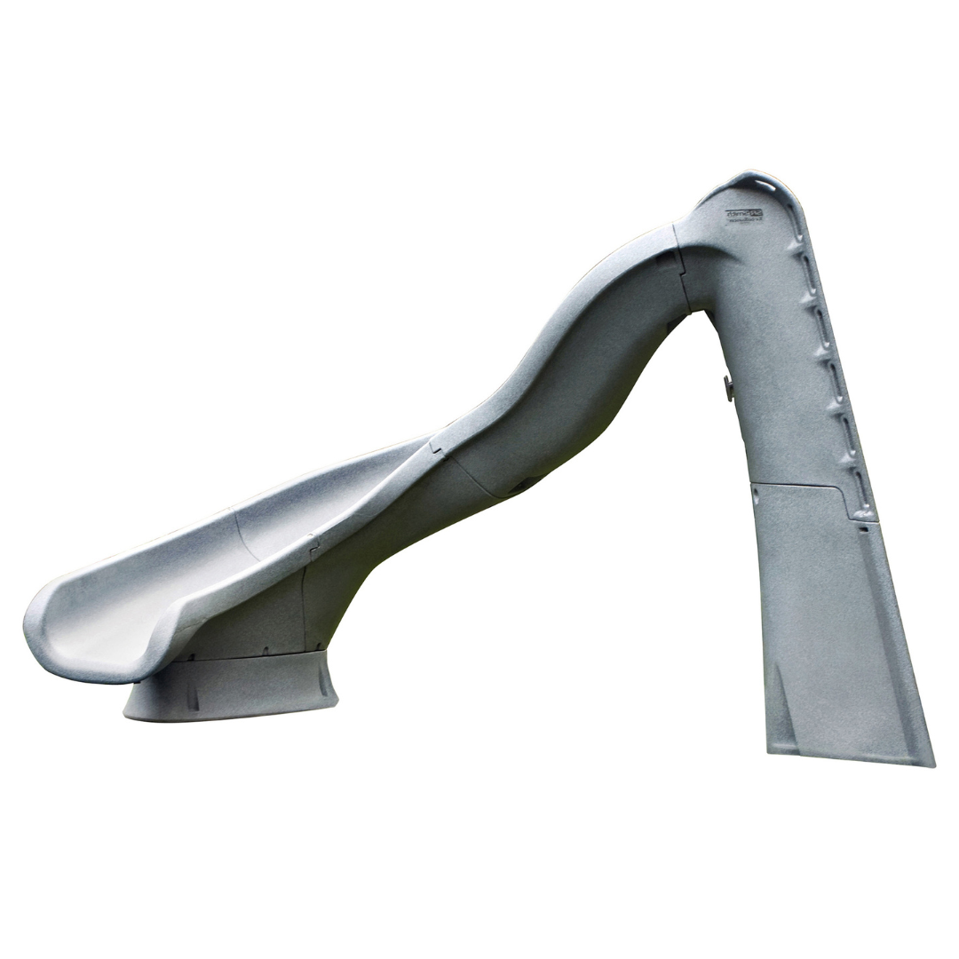 Side profile view of an S.R. Smith TurboTwister gray rotomolded residential swimming pool slide featuring an enclosed safety ladder on the right and a left-curve flume on the left, isolated on a solid white background.
