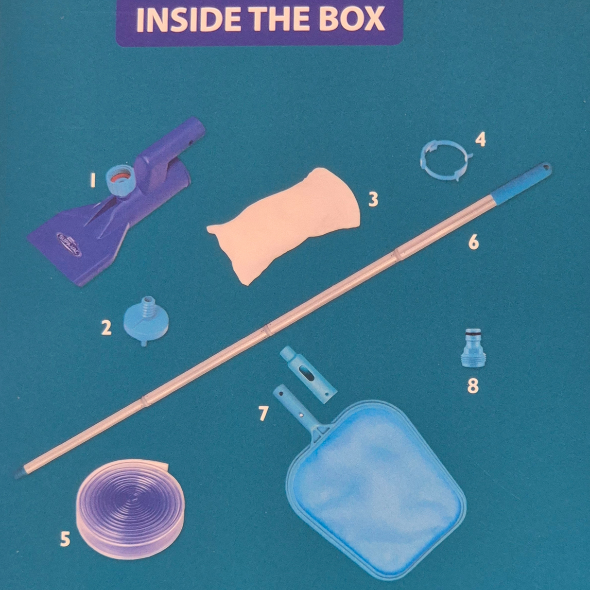 A teal product graphic titled Inside the Box showing a numbered parts list diagram of the Supa-Vac pool cleaning kit contents, including the vacuum head, venturi pump attachment, filter bag, retaining ring, drainage hose, telescopic pole, leaf skimmer net, and garden hose snap connector.