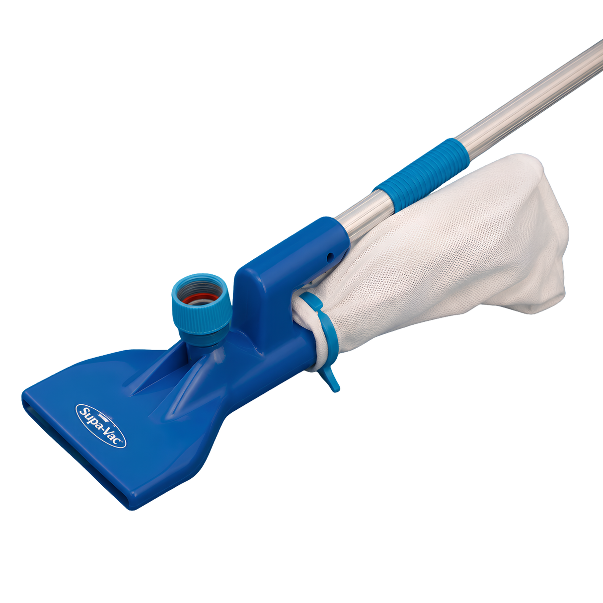 An assembled blue Supa-Vac underwater pool and spa vacuum head isolated on a white background, showing the attached silver aluminum pole, a white mesh debris filter bag secured with a blue clip, and the garden hose threaded connection port.