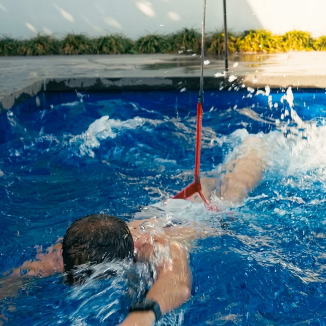 Action photo of a man swimming in place using a Swim Tether system, attached by a red harness strap around his waist to an overhead tension cord, creating water splashes in a blue swimming pool.