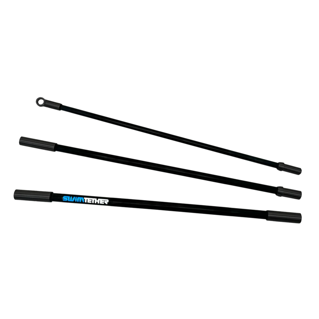 Studio product photo of the three interlocking black fiberglass pole sections of the Swim Tether system displayed diagonally on an isolated white background, showing the branded blue and white Swim Tether logo and top cord attachment ring.