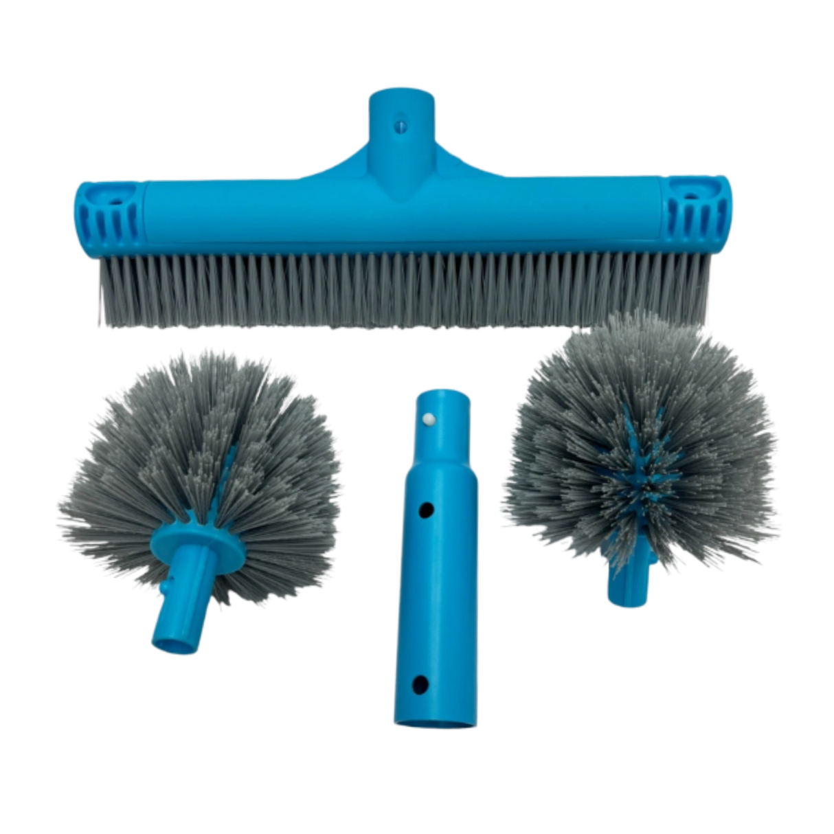 Disassembled blue plastic pool brush kit components displaying a main linear wall brush head, two round corner scrubbing bristles, and a detachable handle adapter.