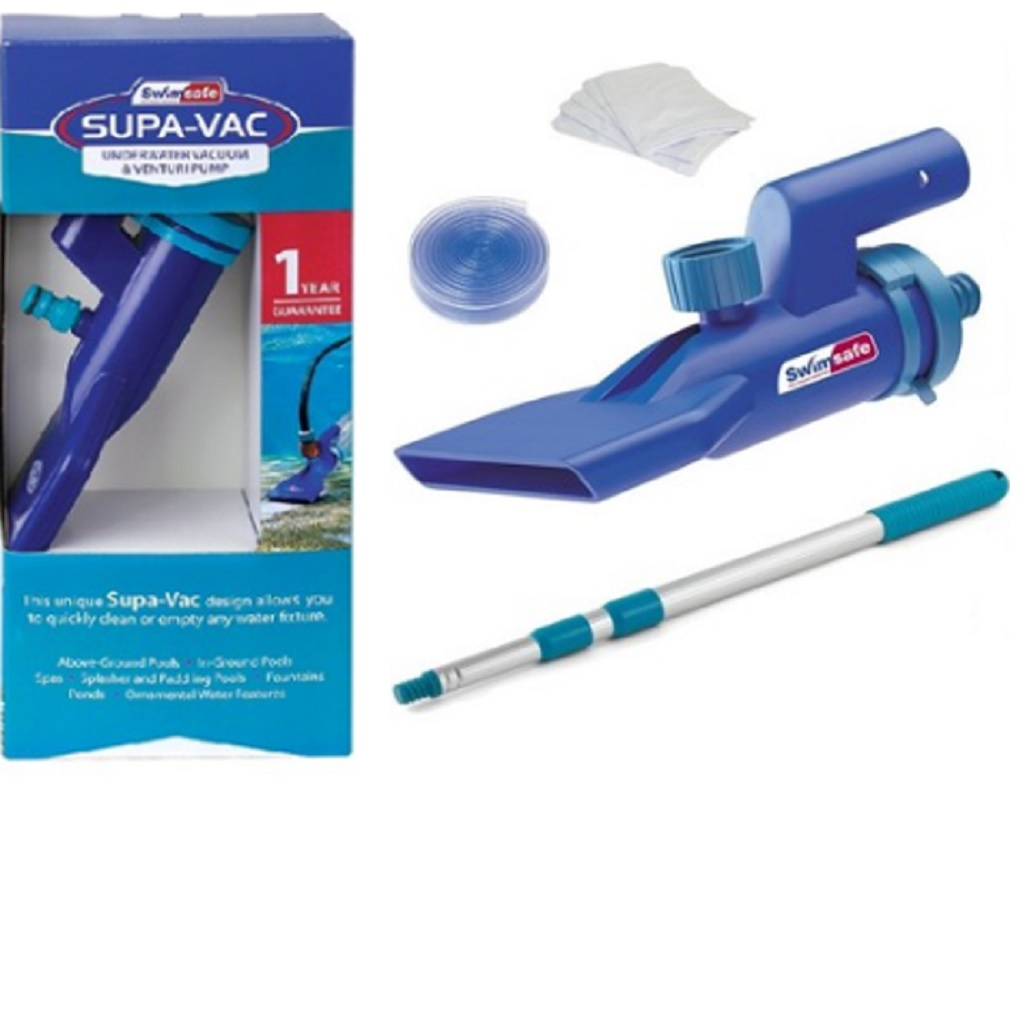 Swimsafe Supa-Vac underwater vacuum and venturi pump shown next to its retail box packaging, displaying kit contents including the blue vacuum head unit, telescopic pole, clear drainage hose, and filter bags