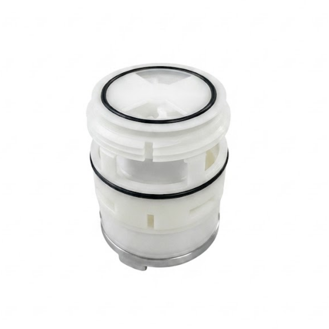 Three-quarter bottom view of a replacement swirl spa jet internal insert, showing its off-white plastic cylindrical body with two black rubber O-ring seals and a chrome trim ring at the front base.