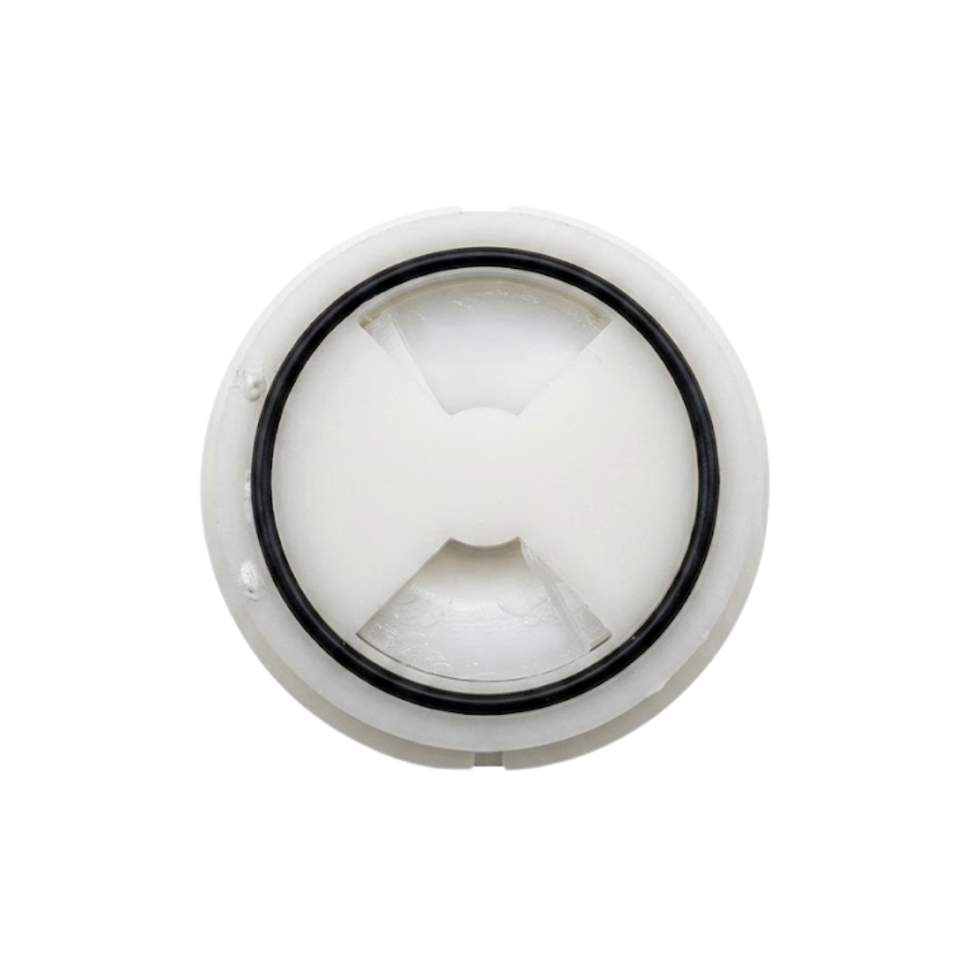 Direct overhead bottom-up view of the base of a replacement swirl spa jet internal insert, showing an off-white circular plastic cap secured with a black rubber O-ring seal.