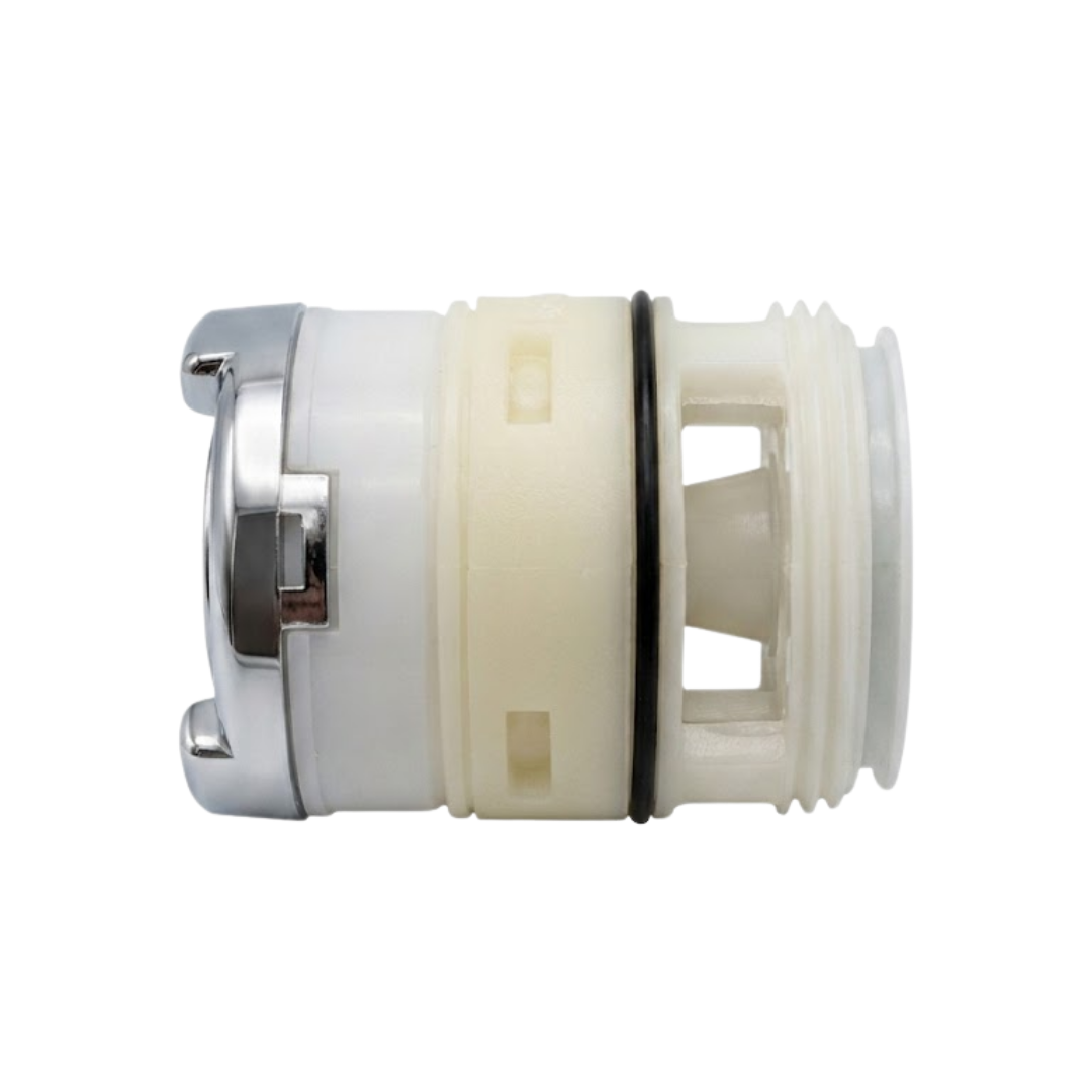 Horizontal side profile view of a replacement swirl spa jet internal insert, showing the chrome front bezel with tabs, off-white cylindrical body sections, black rubber O-ring seal, and rear threaded connector end.