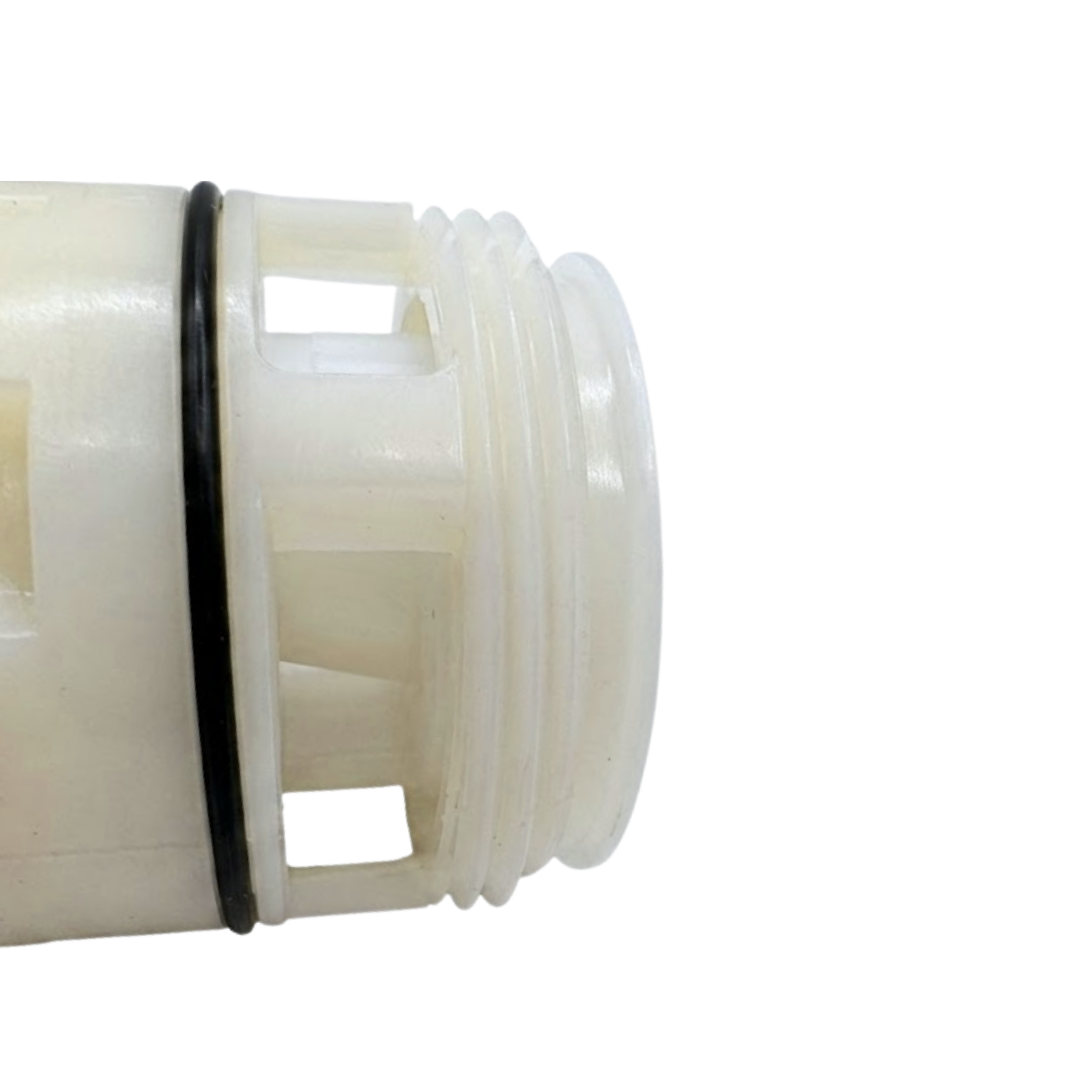 Close-up view of the rear end of a replacement swirl spa jet internal insert, showing off-white plastic threads, side water flow ports, and a black rubber O-ring.
