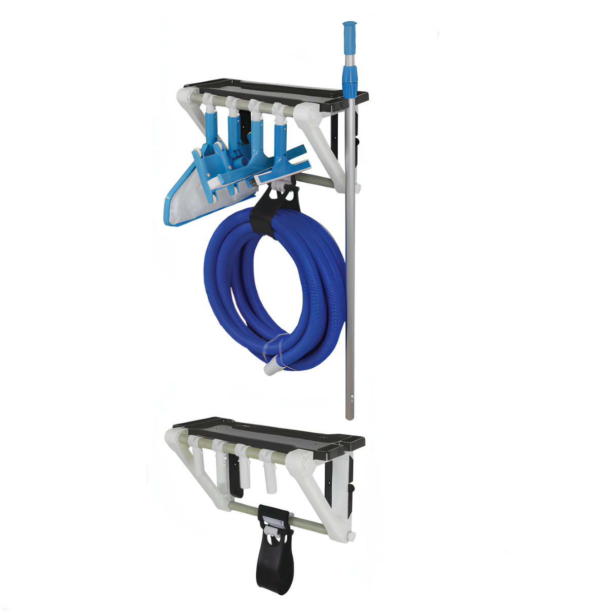 A vertical product comparison of The Rack pool accessory storage system, displaying a fully loaded rack with blue cleaning attachments, a telescoping pole, and a coiled blue hose above an empty version of the same white and black wall-mounted organiser.