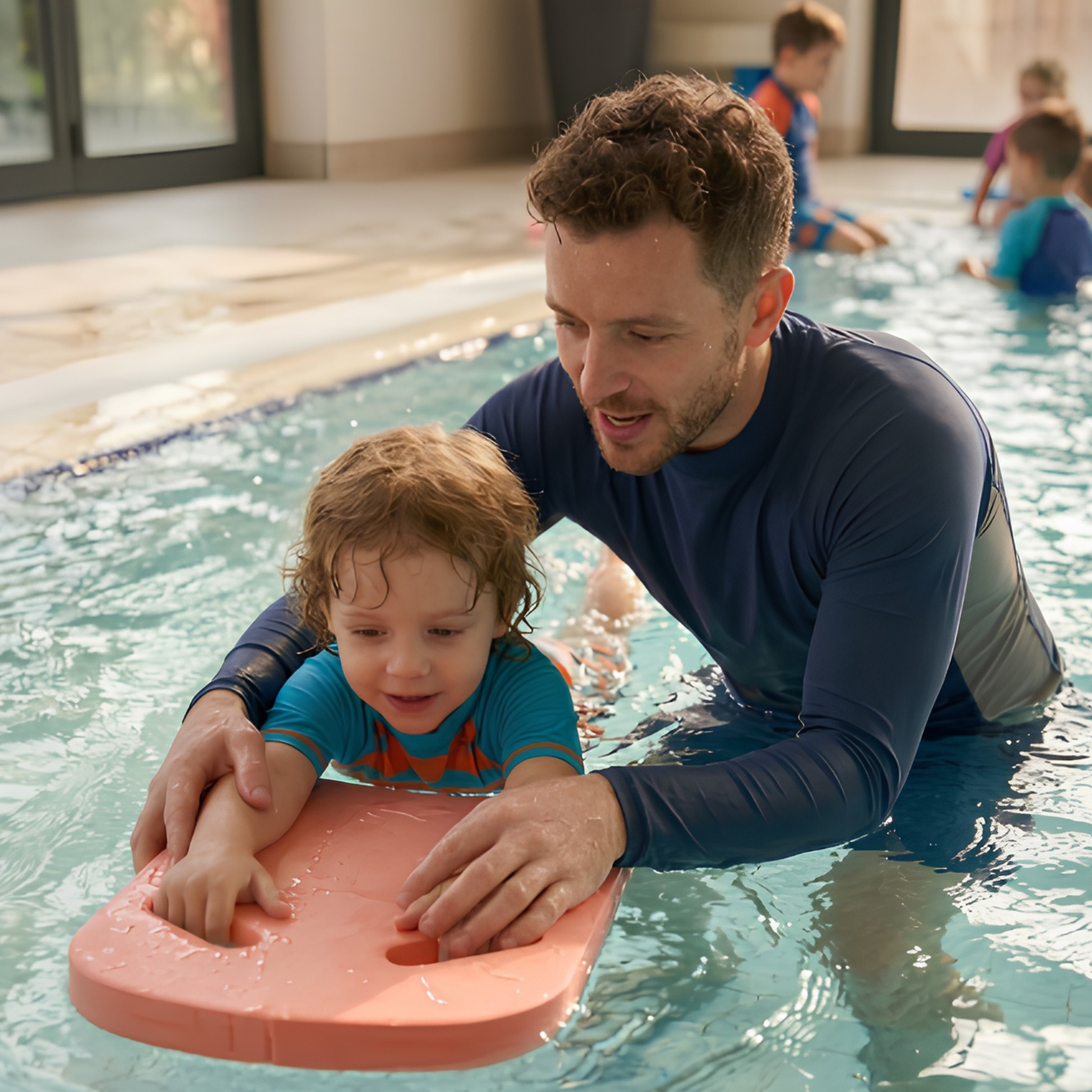 Male swim instructor in a long-sleeve rash guard guiding a toddler boy using a foam kickboard during swimming lessons in an indoor pool