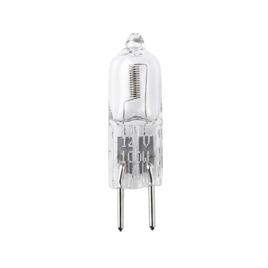 Front view of a Trimlight 12V 100W replacement halogen globe featuring a clear glass capsule, internal coiled filament, two bi-pin connector pins, and printed 12V 100W power specifications.