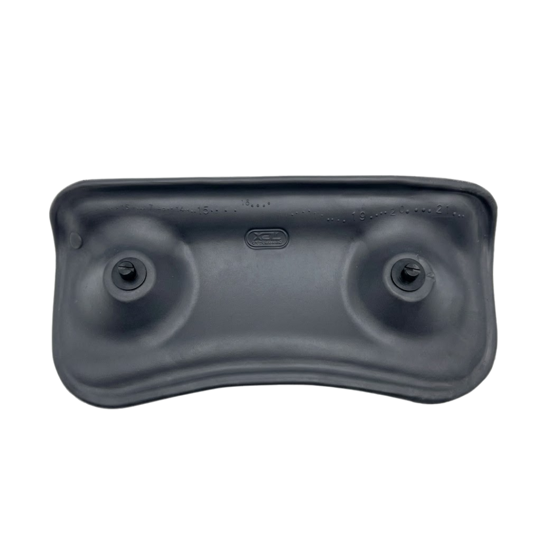 Rear view of a Tropic Seas Spas Lounge series replacement hot tub headrest pillow in charcoal gray, showing its two mounting pegs and back casing structure.