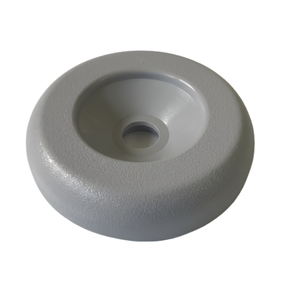Angled view of a universal grey textured spa hot tub diverter valve replacement cap showing the sloped center recession and inner stem hole cutout against a white background.