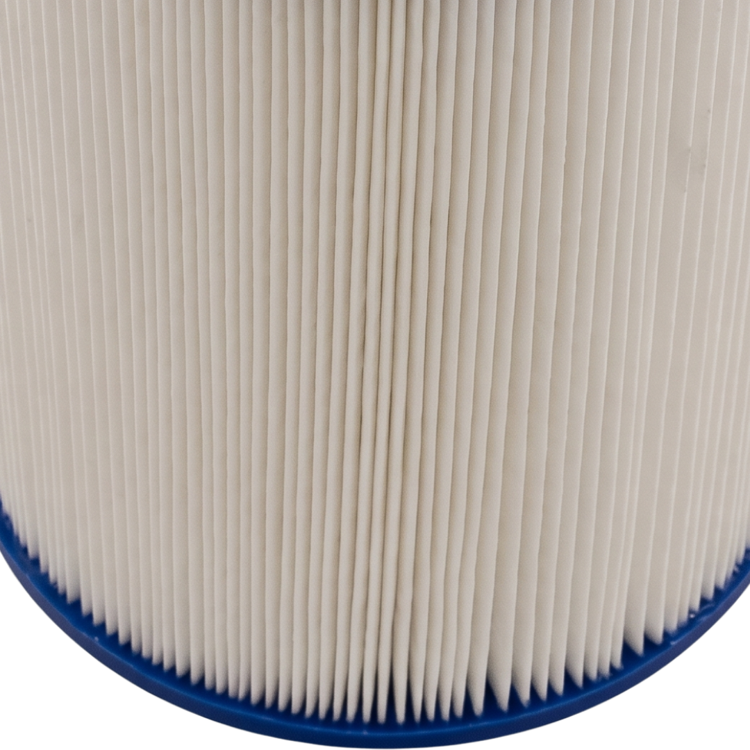 Close-up macro view of the white washable pleated fabric material on a 40 sq ft spa filter cartridge