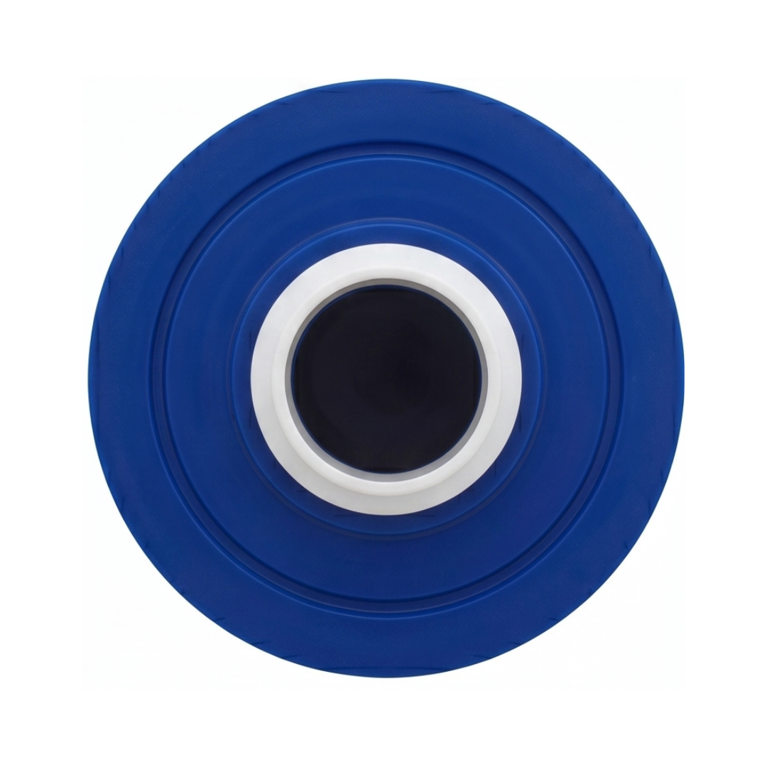Direct overhead view of a washable 40 sq ft spa filter cartridge showing the blue end cap with white male threaded fitting