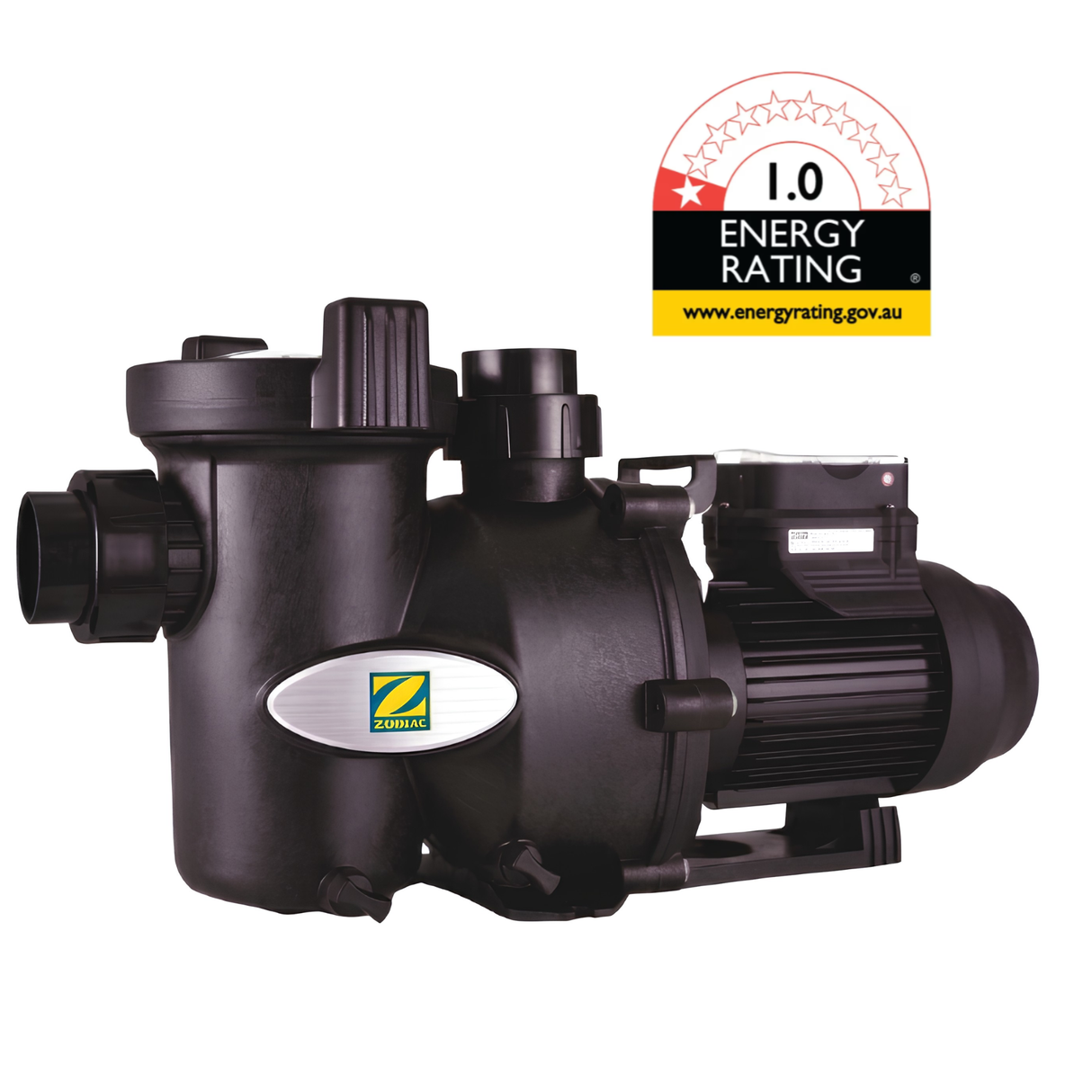 Zodiac FloPro single speed pool pump in black housing on a plain white background, highlighting the integrated lint pot lid and clear structural markings.