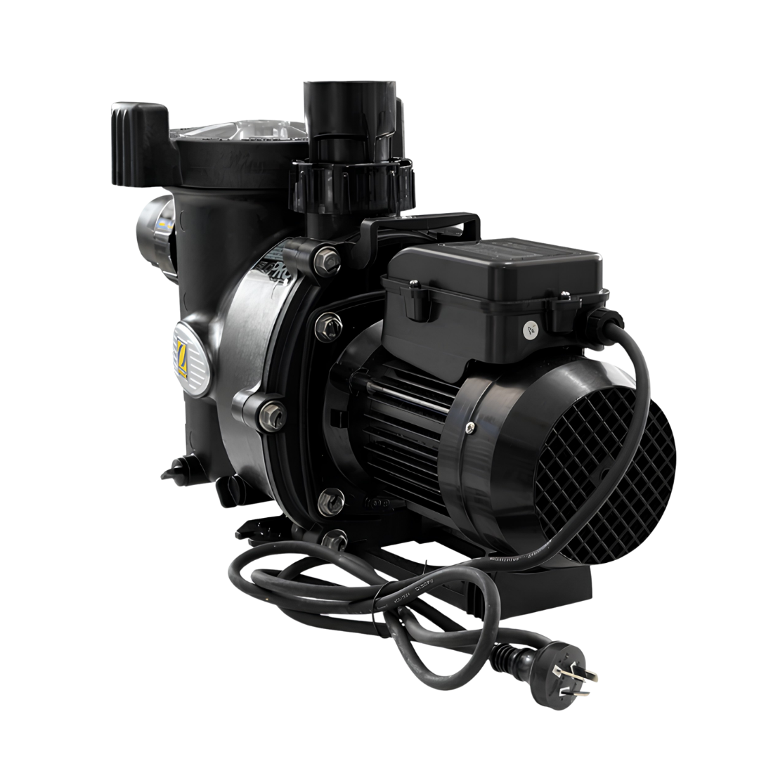 Rear three-quarter studio view of a Zodiac FloPro SS 2.0 HP pool pump, displaying the black motor fan cover, top electrical junction box, power cable with plug, and top vertical discharge union isolated on white.