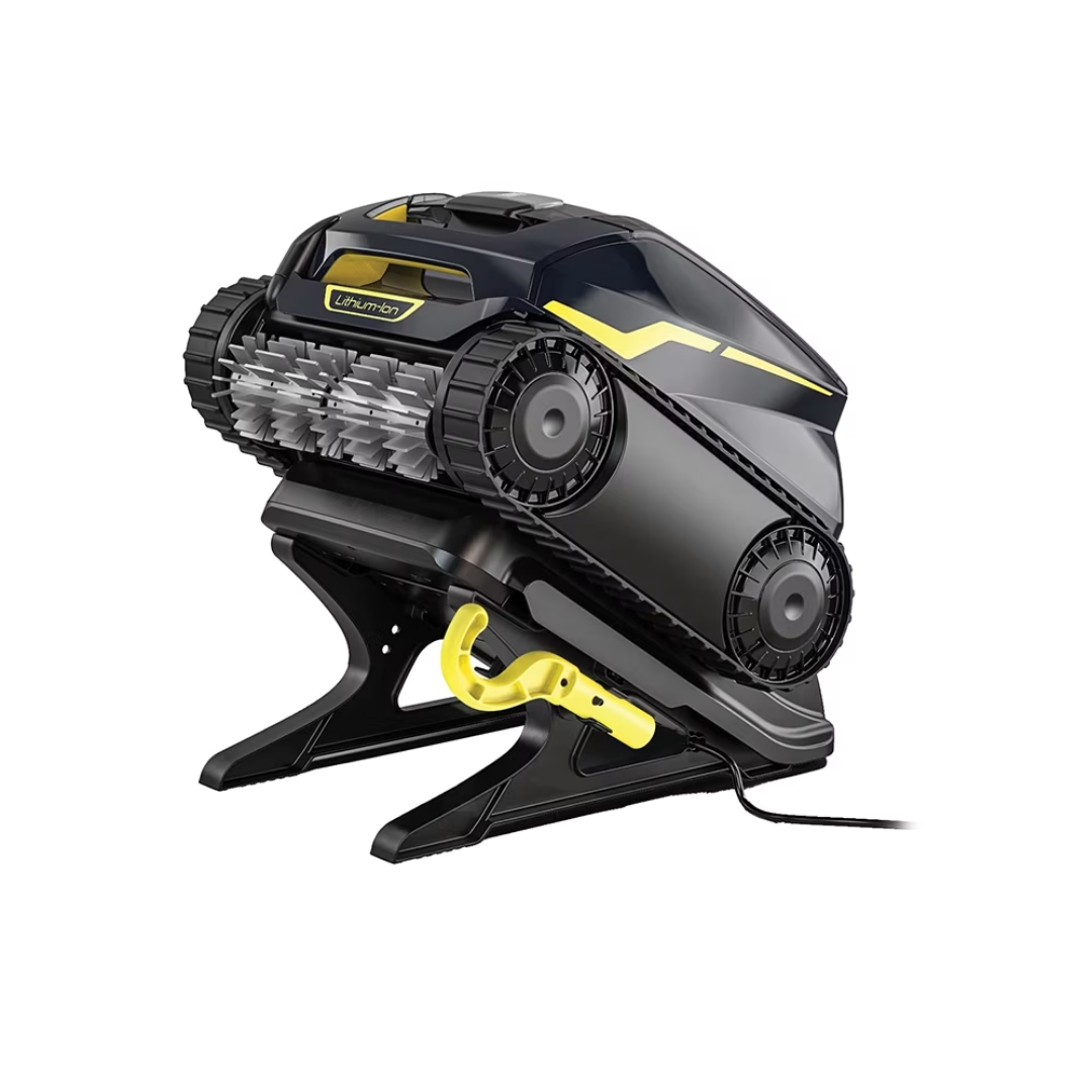 Three-quarter studio photo of the Zodiac FreeRider™ FR1000 iQ cordless robotic pool cleaner mounted on its black charging dock station on an isolated white background, detailing its dark blue body, yellow accents, Lithium-Ion badge, front helical scrubbing brush, continuous tracks, yellow retrieval hook accessory, and connected power cord.