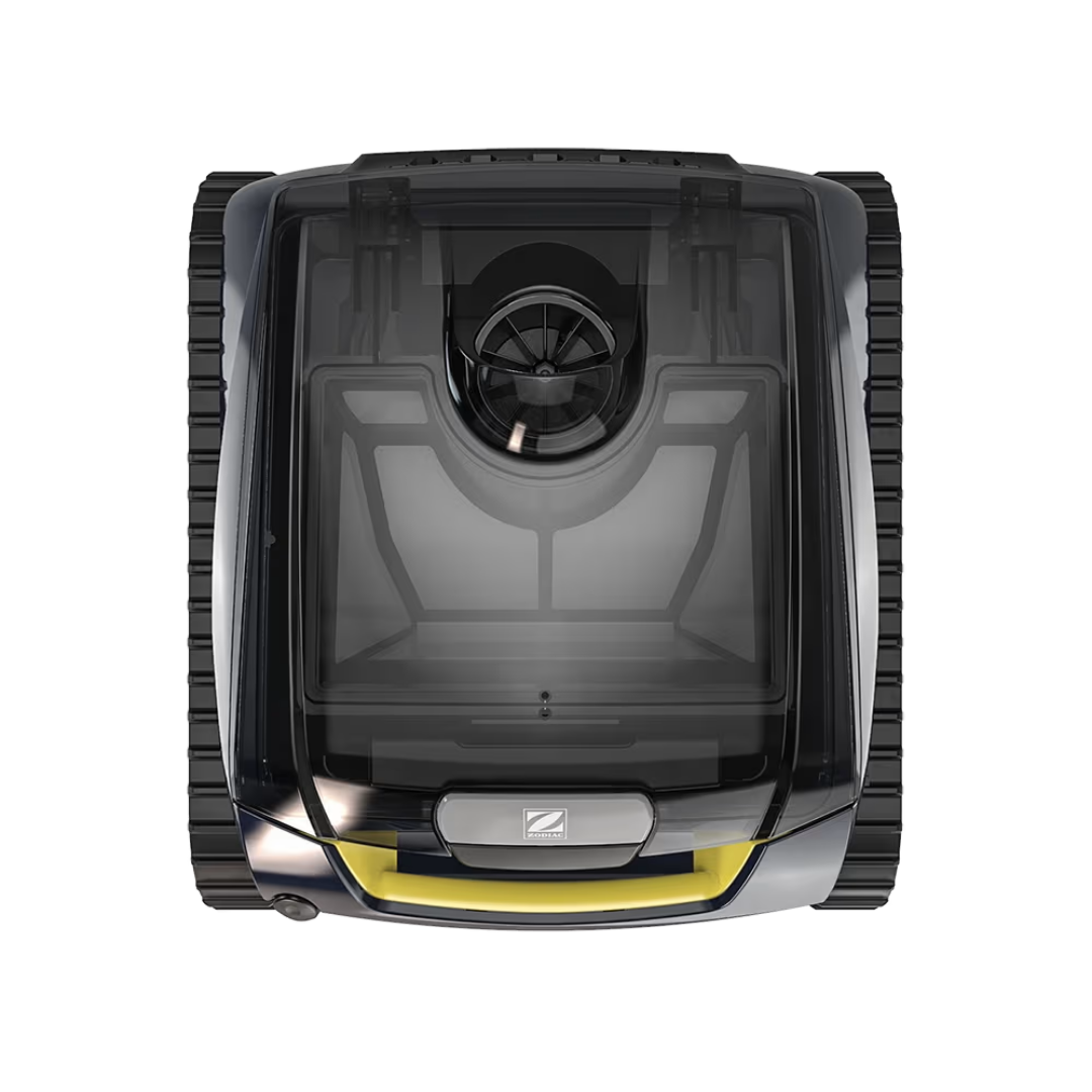 Top-down plan view studio photo of the Zodiac FreeRider™ FR1000 iQ cordless robotic pool cleaner on an isolated white background, showing its transparent top canopy lid, internal filter canister viewing window, top impeller grille, silver Zodiac emblem, front yellow handle accent, and dual continuous tracks.