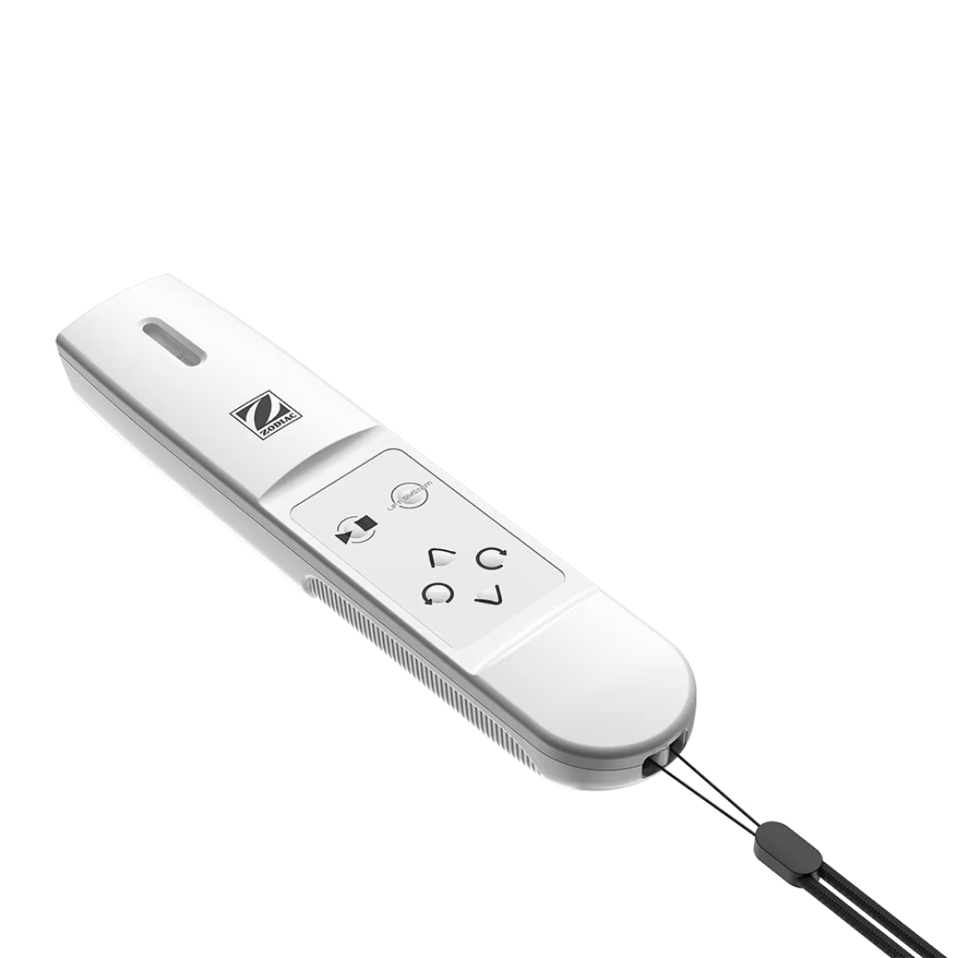 Studio product photo of the Zodiac FreeRider™ FR2000 iQ wireless remote control on an isolated white background, detailing its white handheld casing, Zodiac logo emblem, Lift System button, directional control buttons, textured side grips, and attached black wrist lanyard strap.