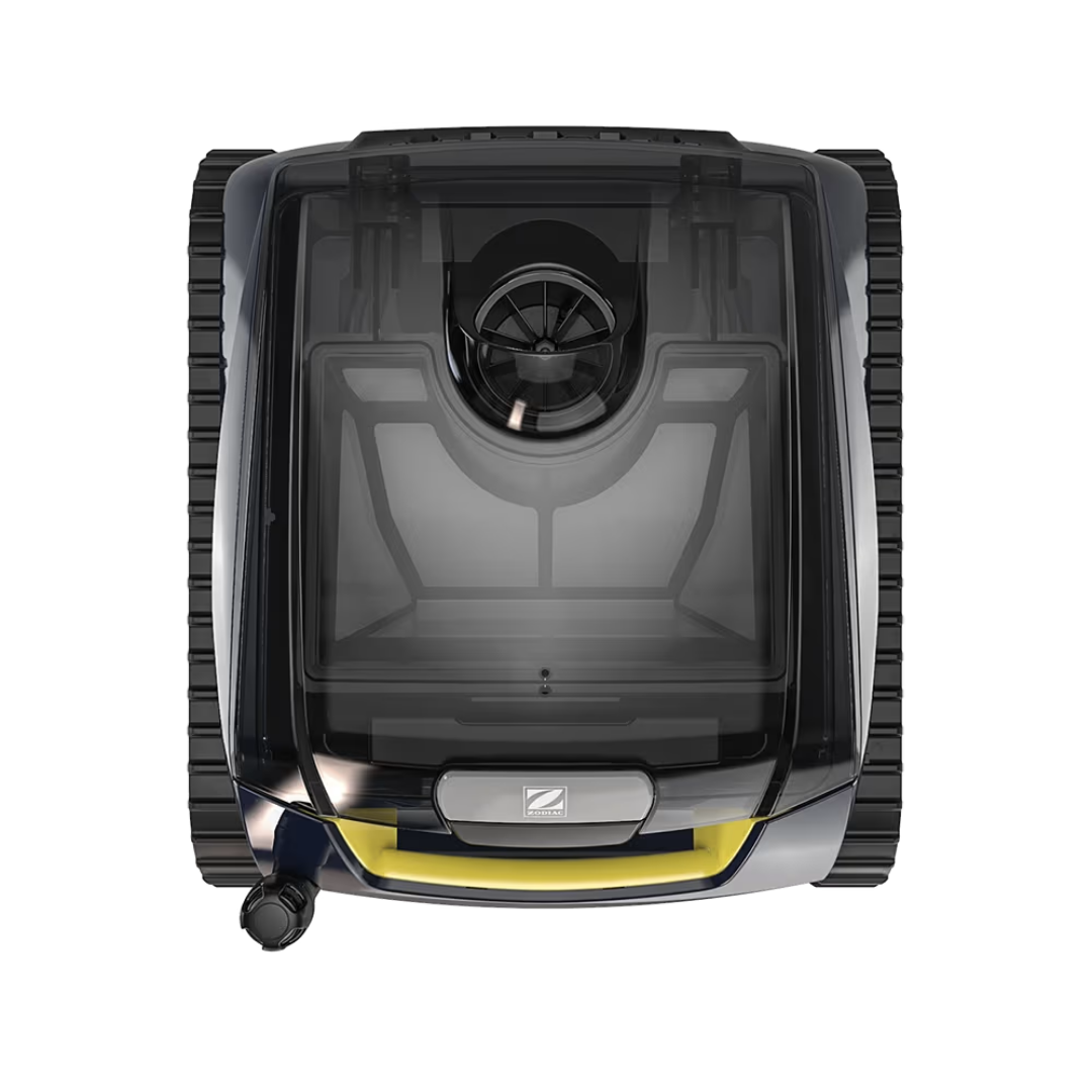 Top-down plan view studio photo of the Zodiac FreeRider™ FR2000 iQ cordless robotic pool cleaner on an isolated white background, detailing its transparent top canopy lid, internal filter canister viewing window, top impeller grille, silver Zodiac emblem, front yellow handle accent, rear corner attachment knob, and dual continuous tracks.