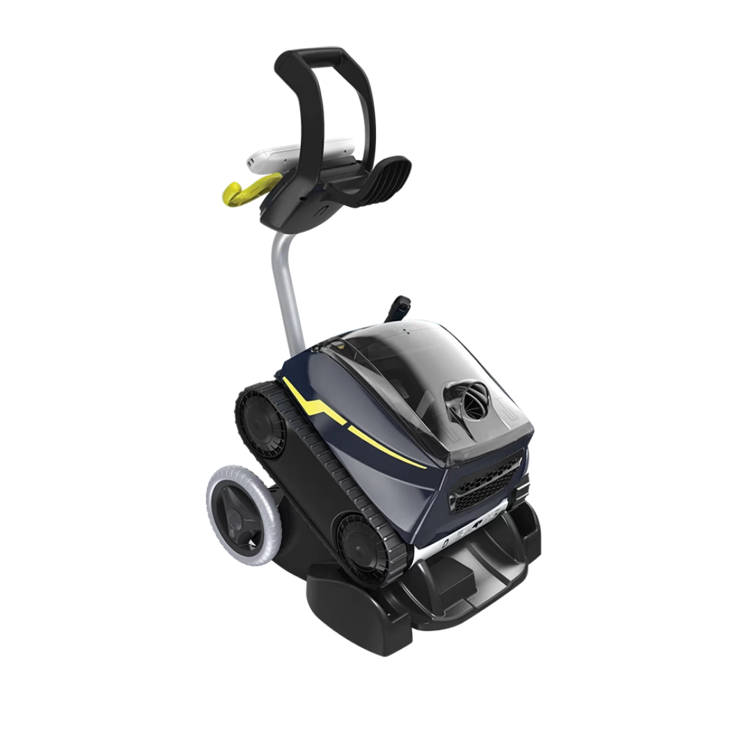 Three-quarter studio view of the Zodiac FreeRider™ FR2000 iQ cordless robotic pool cleaner mounted on its premium transport caddy and charging dock station on an isolated white background, detailing its dark blue chassis, yellow accents, transparent canopy lid, black continuous tracks, upright caddy handle, yellow retrieval hook, and large transport wheels.