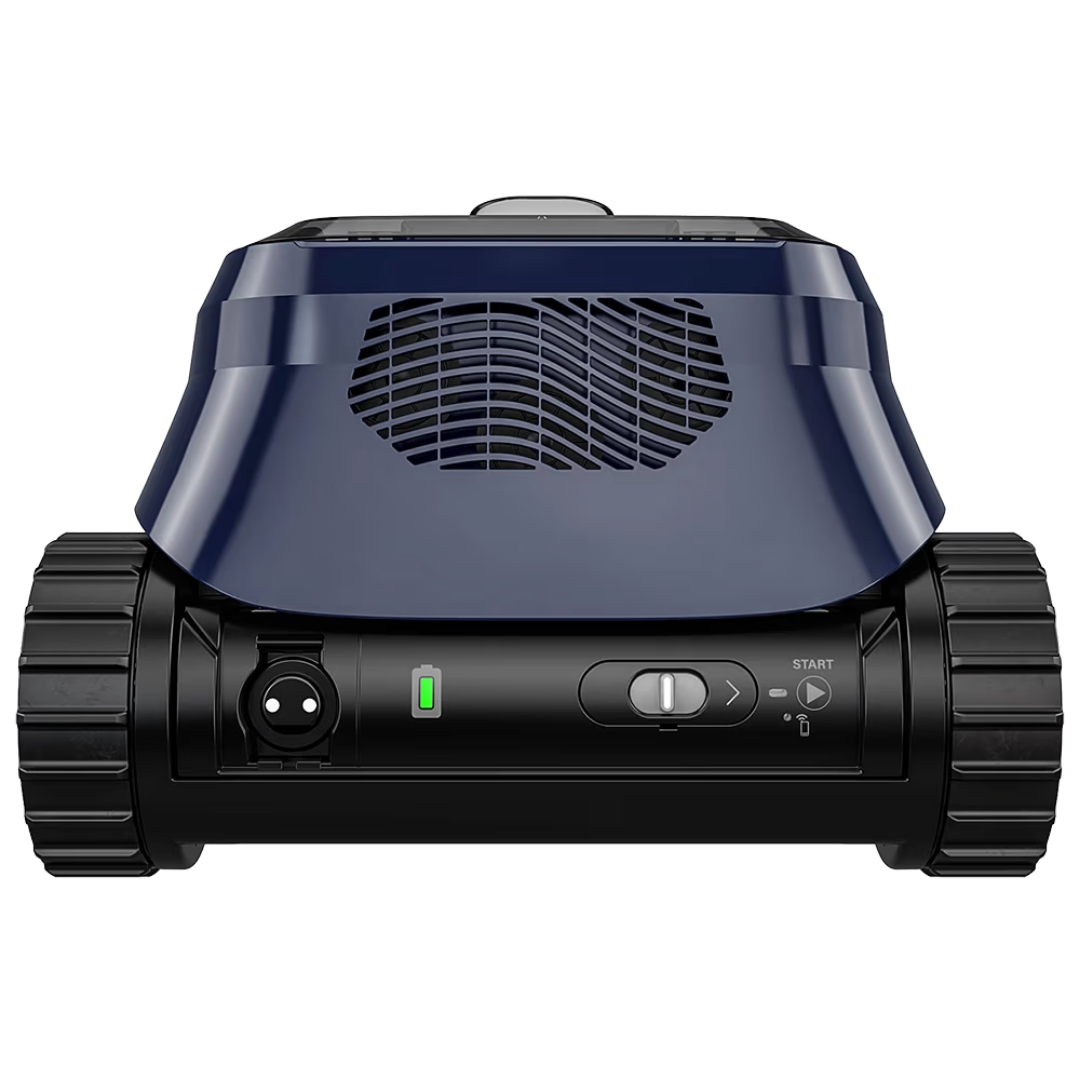 Straight-on rear elevation studio view of the Zodiac FreeRider™ FR800 iQ cordless robotic pool cleaner on an isolated white background, highlighting its dark blue upper body shell, rear mesh water outlet, magnetic charging connector, LED battery charge status indicator, power start button, Wi-Fi connectivity indicator, and black continuous tracks