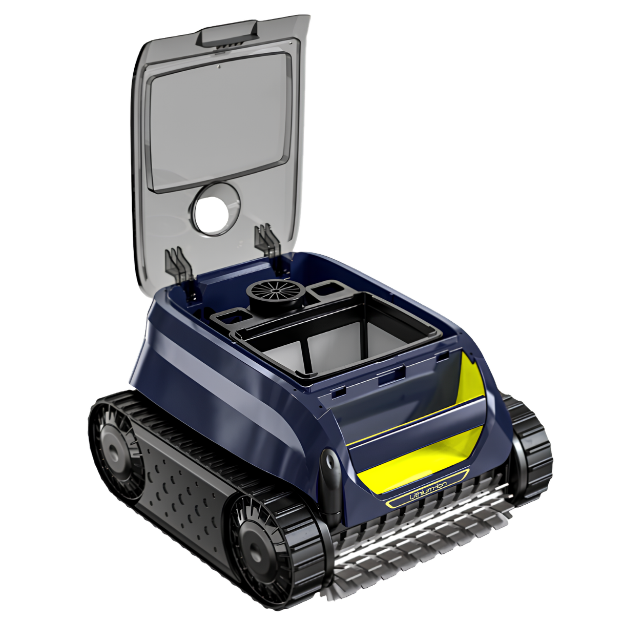 Zodiac FreeRider cordless robotic pool cleaner with its transparent lid propped open, exposing the large internal mesh filter basket and top intake system.