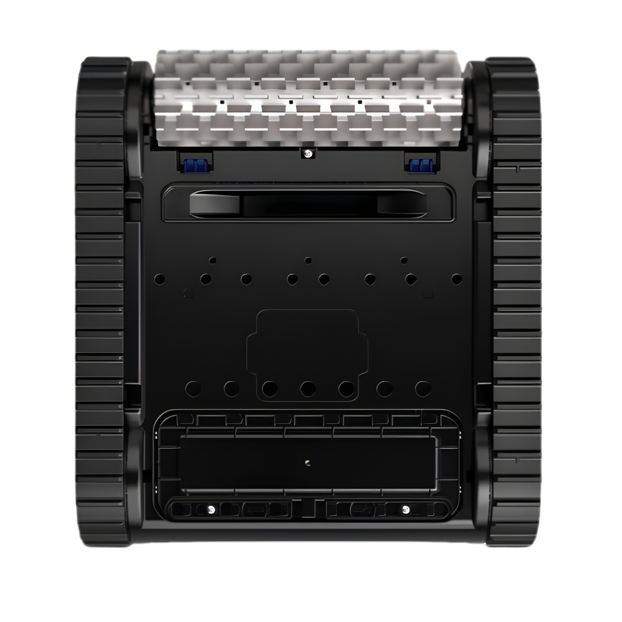 Direct underside view of a Zodiac FreeRider iQ cordless robotic pool cleaner showing the black undercarriage, heavy-duty side tracks, and single wide front active scrubbing brush.
