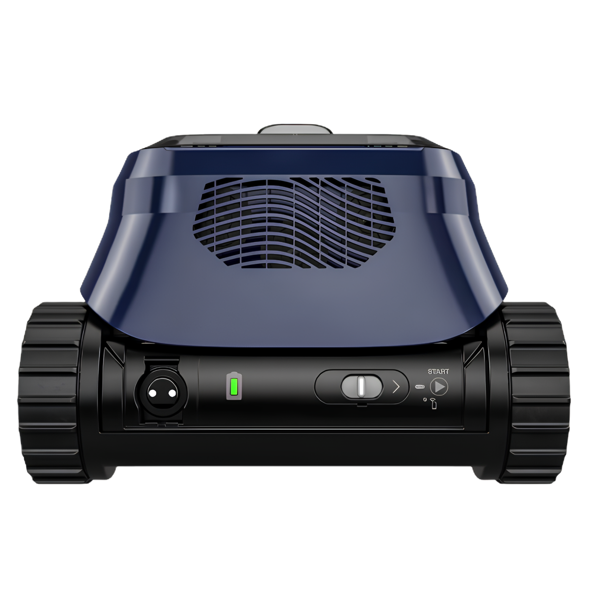 Rear view of a Zodiac FreeRideriQ cordless robotic pool cleaner showing the navy blue body with a wave-pattern exhaust grille and the lower black control panel featuring a green battery indicator, charging port, and start switch.