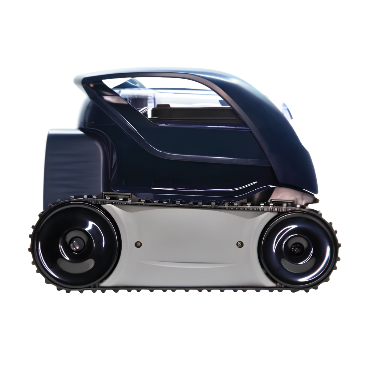 Side view profile of a Zodiac FreeRider FR200 iQ cordless robotic pool cleaner on a white background highlighting its grey side panel, continuous rubber track wheels, and aerodynamic dark blue chassis.