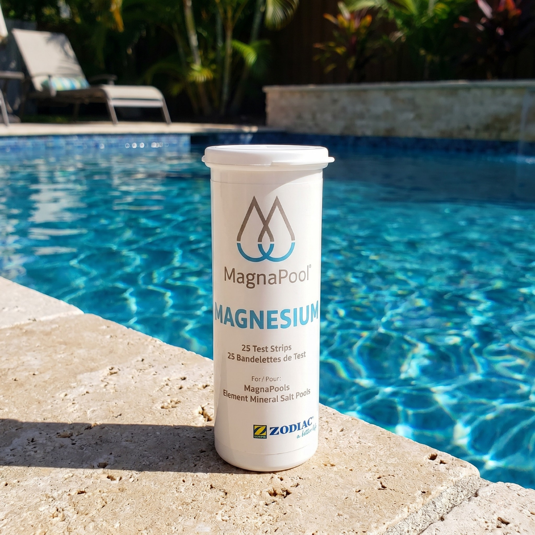 A bottle of Zodiac MagnaPool Magnesium Test Strips (25 count) sitting on a textured stone pool edge with a clear blue mineral pool in the background.