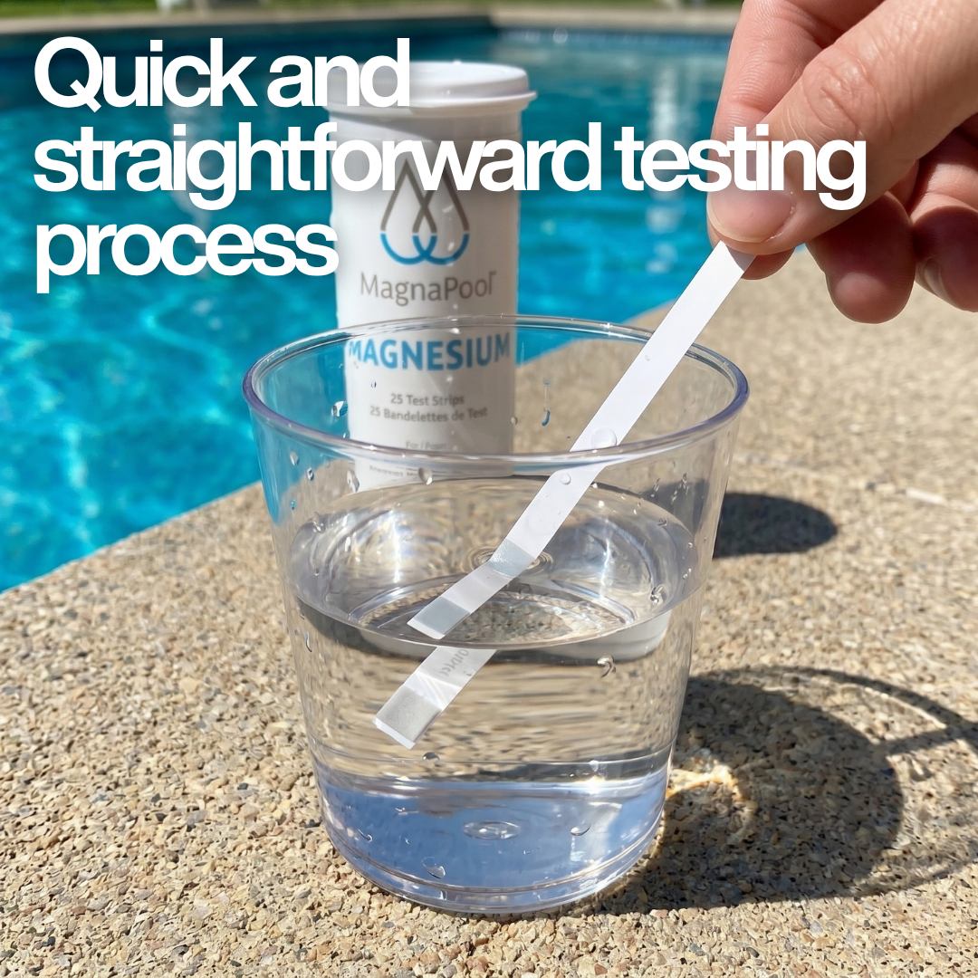 Close-up of a hand dipping a Zodiac MagnaPool Magnesium test strip into a clear water sample glass poolside, with text: "Quick and straightforward testing process."