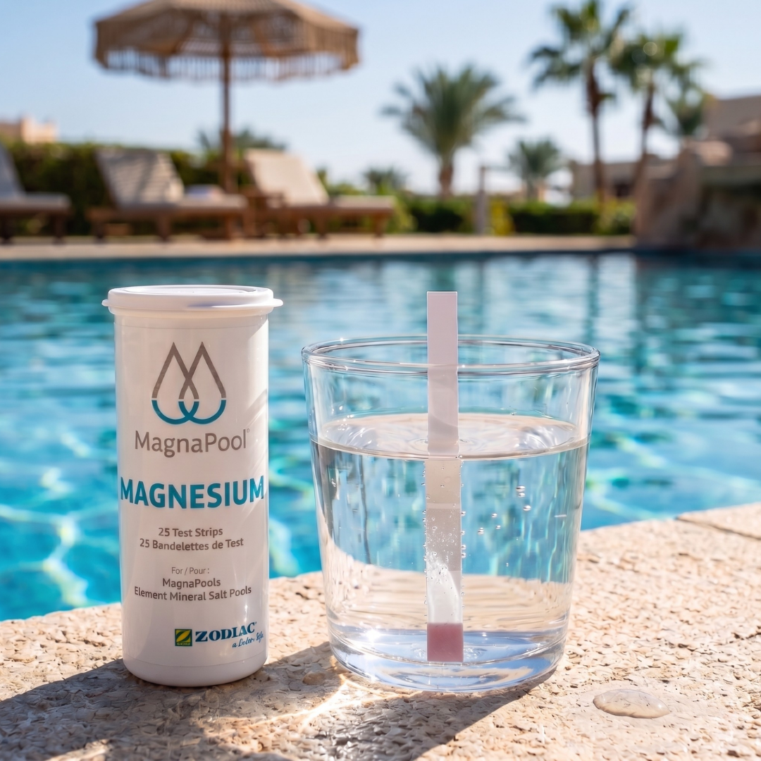 A Zodiac MagnaPool Magnesium test strip reacting in a glass of mineral pool water next to the product bottle, with a luxury backyard swimming pool in the background.