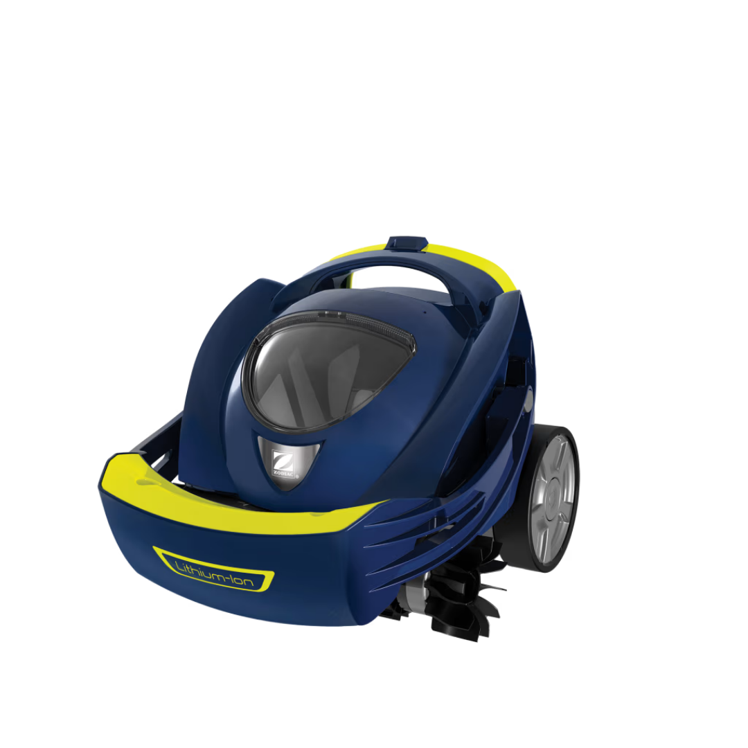 Rear three-quarter studio product photo of the Zodiac SPABOT™ SB1000 robotic spa cleaner on an isolated white background, showcasing its dark blue body, bright yellow accent bumper with Lithium-Ion labeling, transparent canopy window, grey side wheel, and underside brush wheel assembly.