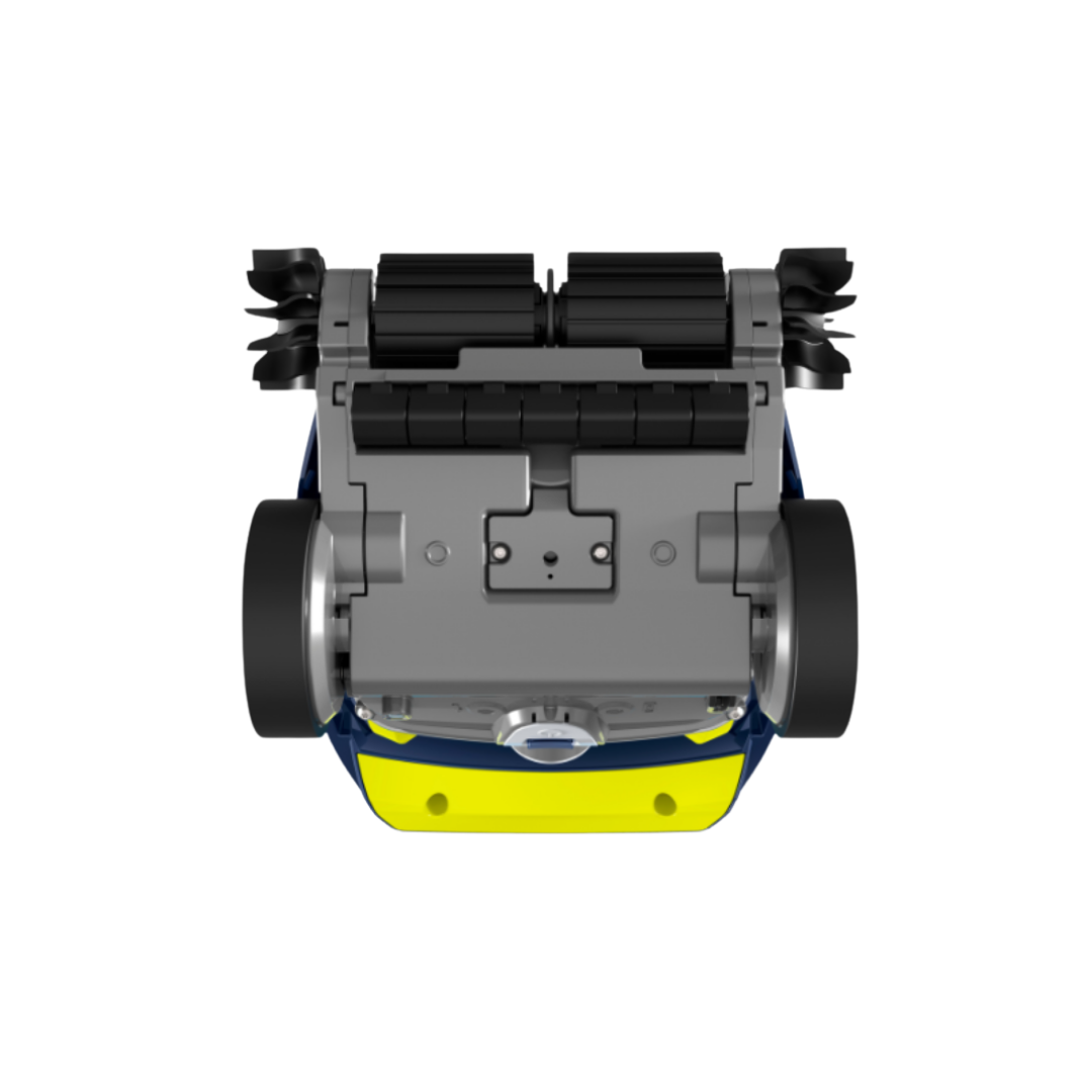 Underside studio view of the Zodiac SPABOT™ SB1000 robotic spa cleaner on an isolated white background, detailing its bottom grey chassis, suction inlet opening, front scrubbing brushes with side impellers, drive wheels, and yellow rear panel accents.