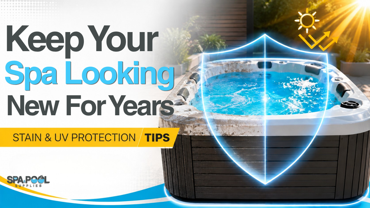 Blog banner featuring a spa with a protective shield graphic and the headline “Keep Your Spa Looking New For Years,” with tips on stain and UV protection from Spa & Pool Supplies.