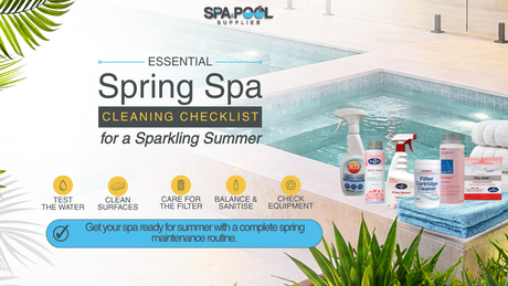 Spring spa cleaning checklist featuring BioGuard and 303 spa maintenance products