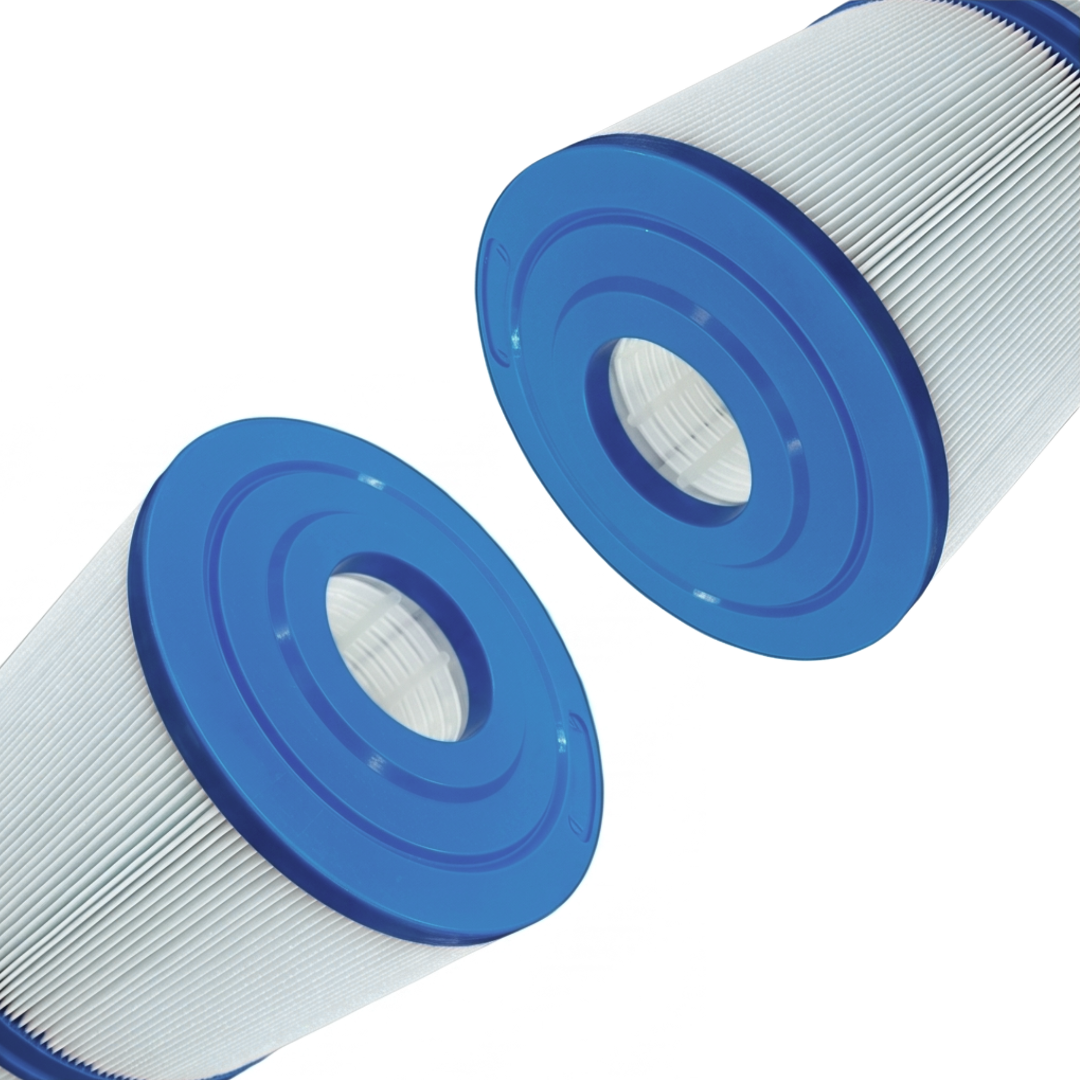 Close-up angled view of two 10401000 C40 replacement filter cartridges highlighting the blue open end caps and inner core plastic grates