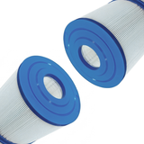 Close-up angled view of two 10401000 C40 replacement filter cartridges highlighting the blue open end caps and inner core plastic grates